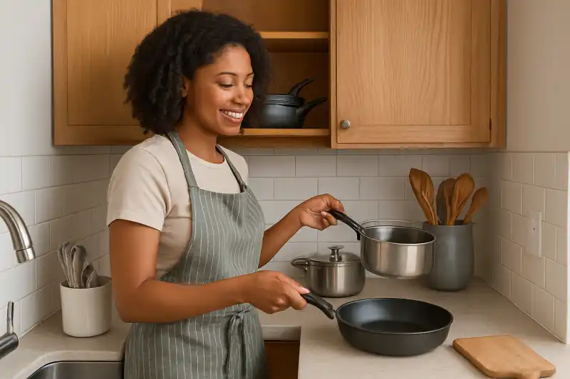 Editorial photograph of a new home cook organizing basic cookware and utensils in a starter kitchen