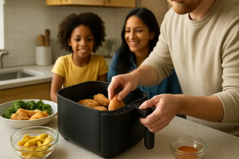 Editorial photograph of a family kitchen counter with an air fryer basket being loaded with food
