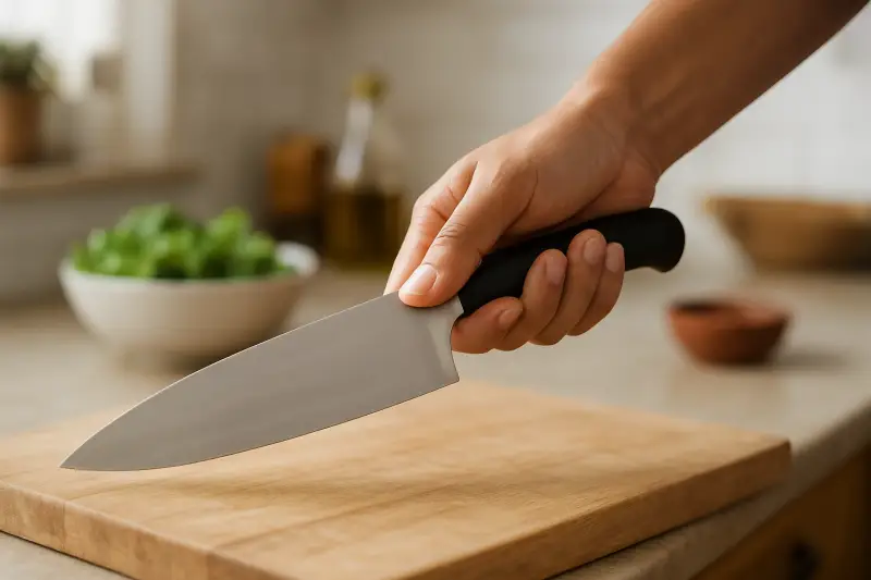 Editorial photograph of a home cook's hand gripping a chef's knife handle to check fit and balance