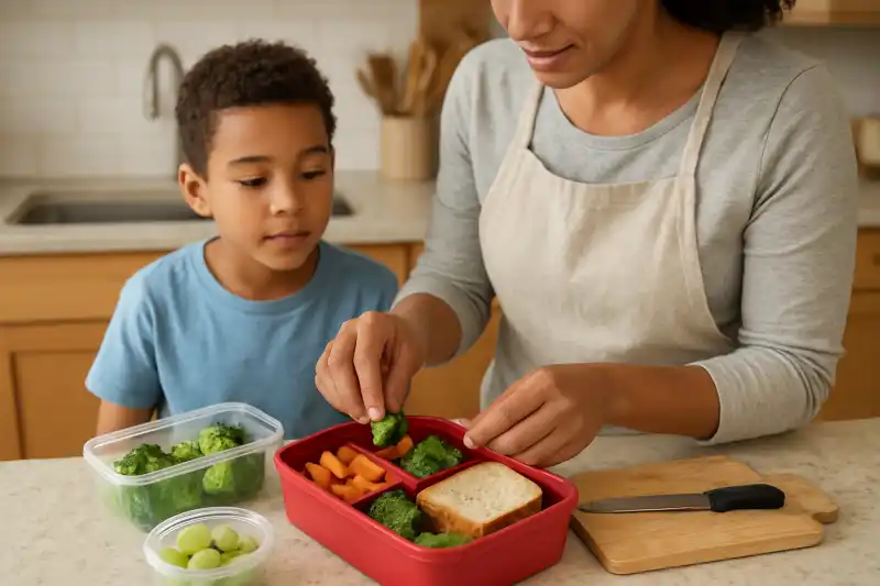Editorial photograph of a parent packing a child's bento lunch box in a home kitchen