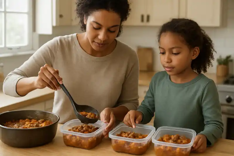 Editorial photograph of meal-prep containers being filled with slow-cooked food portions