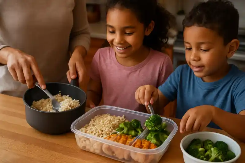 Editorial photograph of a meal-prep container being packed with portioned food on a kitchen counter