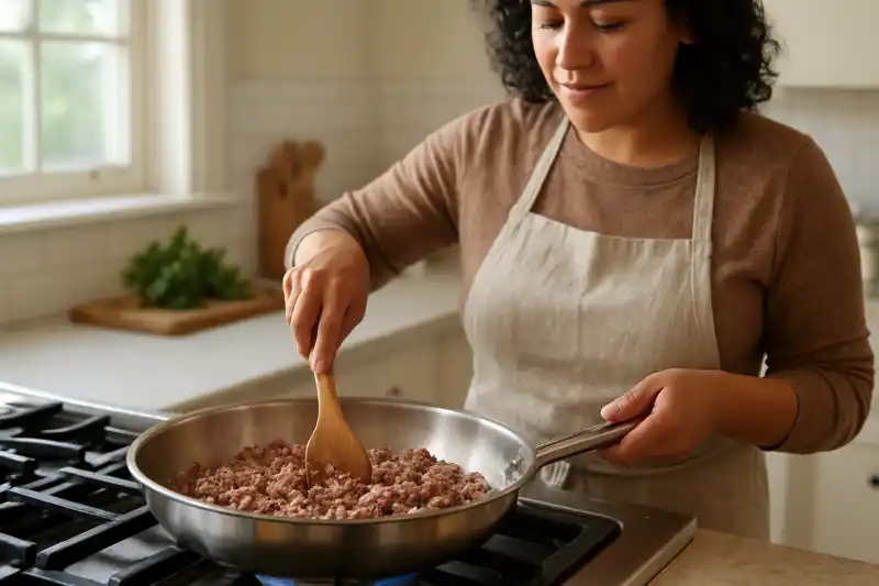 Editorial photograph of a home cook using a stainless steel skillet on a stovetop