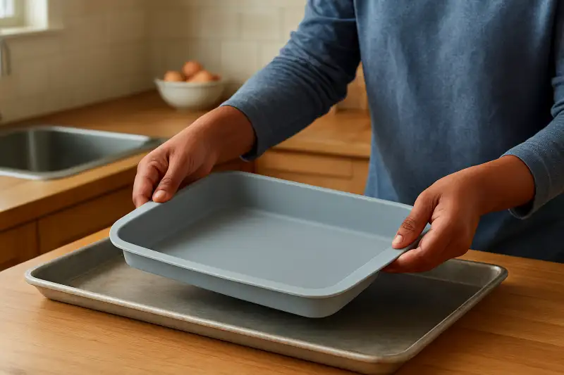 Editorial photograph of a flexible silicone baking pan being placed on a supporting metal sheet pan
