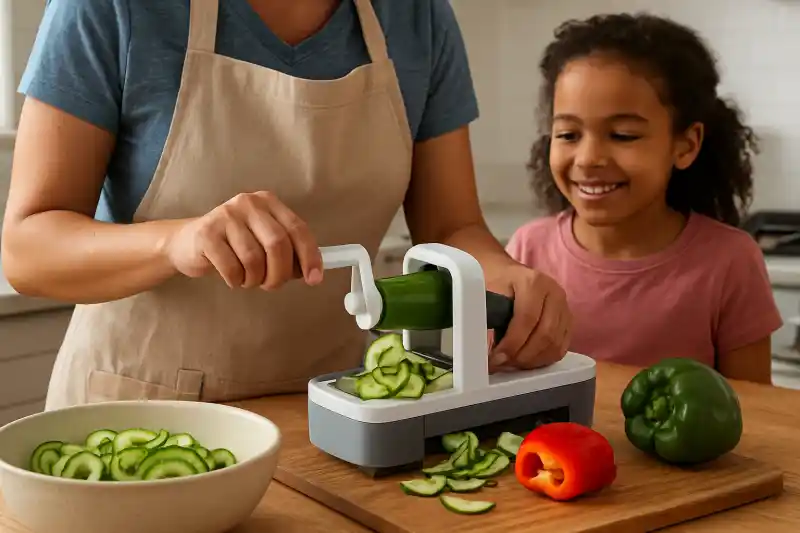 Editorial photograph of a parent quickly prepping vegetables with a kitchen gadget on a weeknight