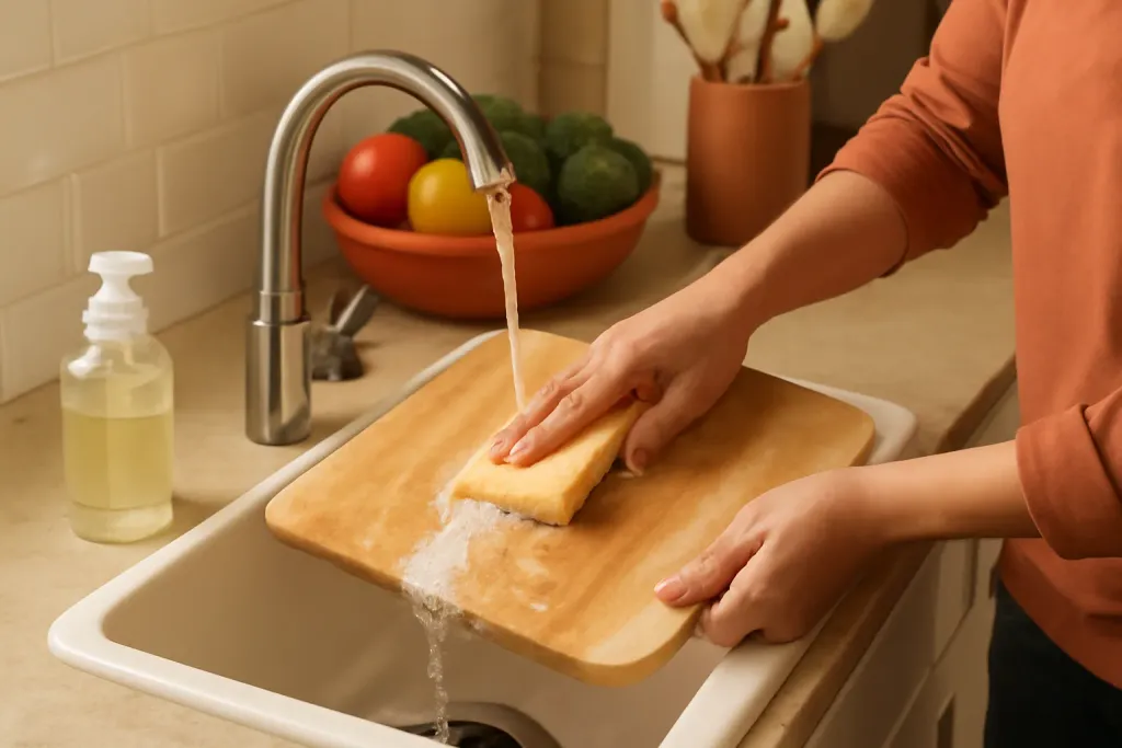 A second photo showing a related step or detail for how to clean a cutting board