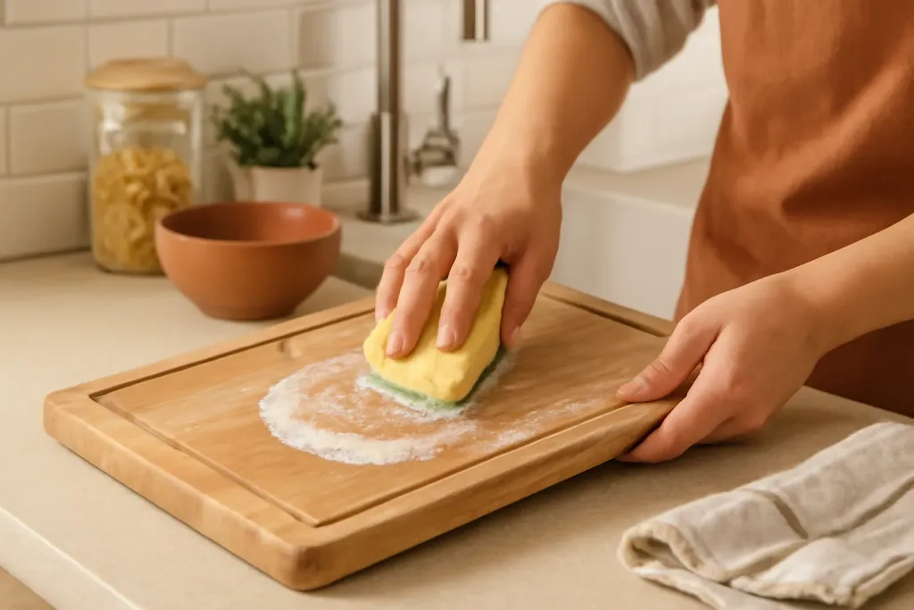 Photo illustrating how to clean a cutting board