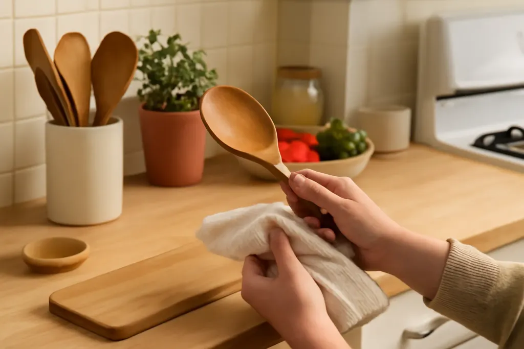A second photo showing a related step or detail for care for wooden cooking utensils