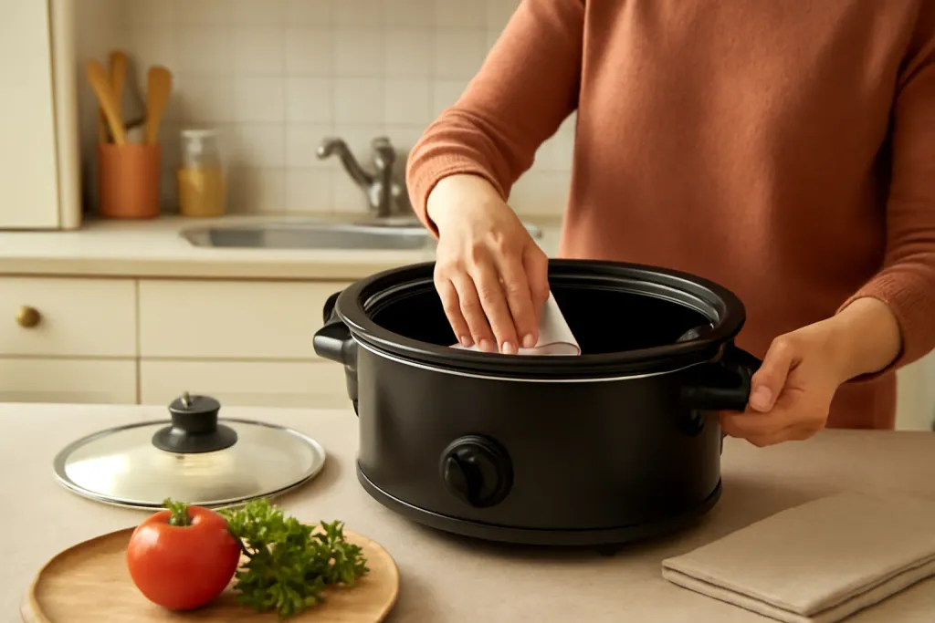 A second photo showing a related step or detail for how to clean a slow cooker