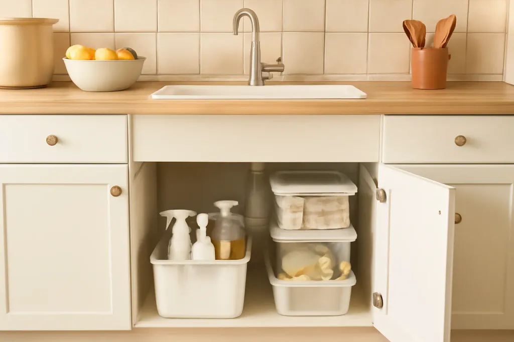Photo illustrating organize under sink kitchen storage