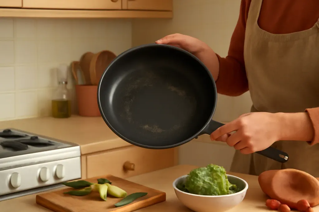 A second photo showing a related step or detail for how to prevent nonstick pans from wearing out