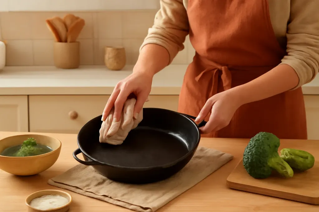 A second photo showing a related step or detail for how to season a cast iron pan
