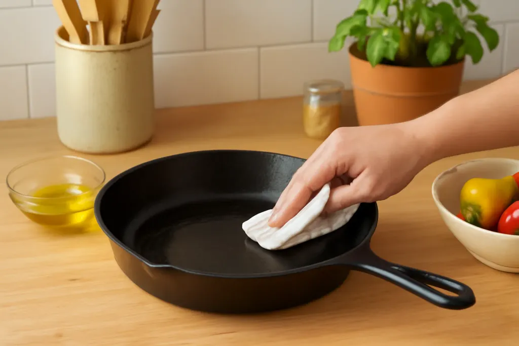 Photo illustrating how to season a cast iron pan