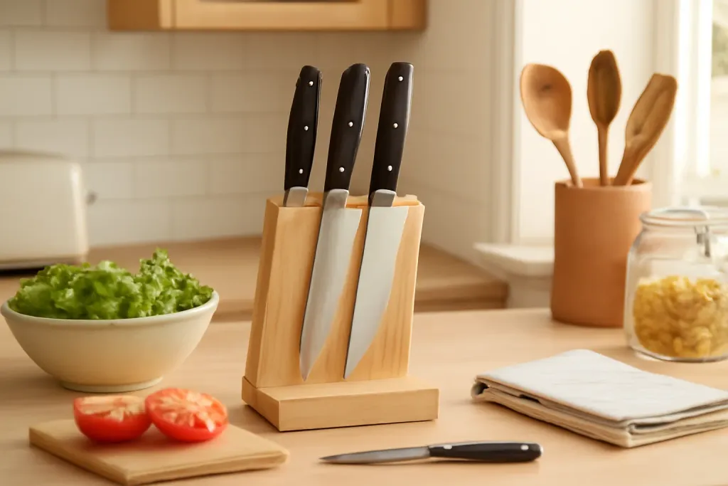 Photo illustrating how to store kitchen knives safely