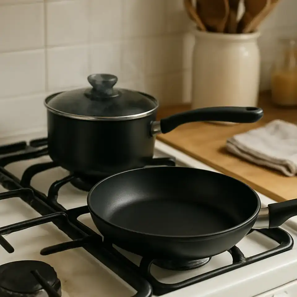 AI-generated editorial product photograph (not the exact linked listing) of beginner cookware starter set