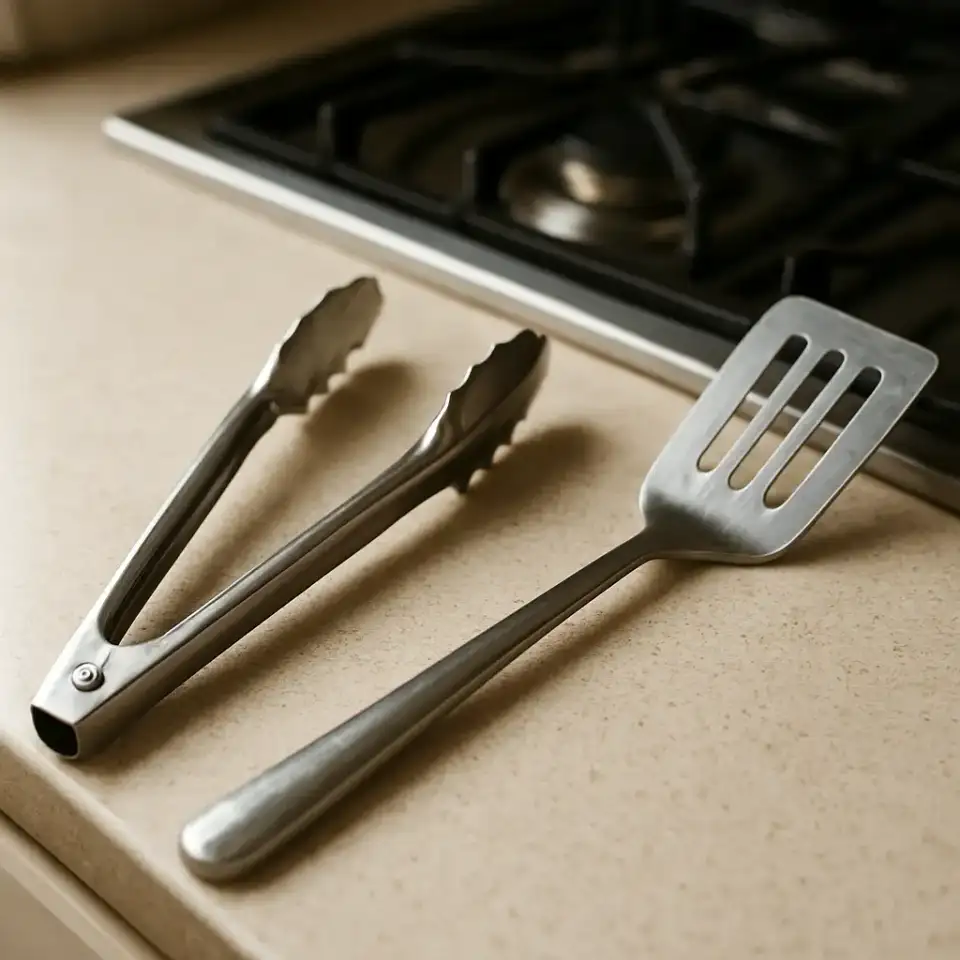 AI-generated editorial product photograph (not the exact linked listing) of kitchen tongs and turner set