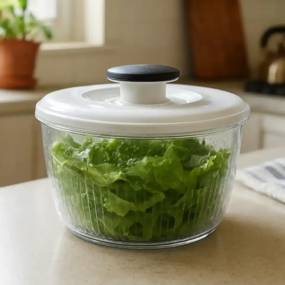 AI-generated editorial product photograph (not the exact linked listing) of salad spinner