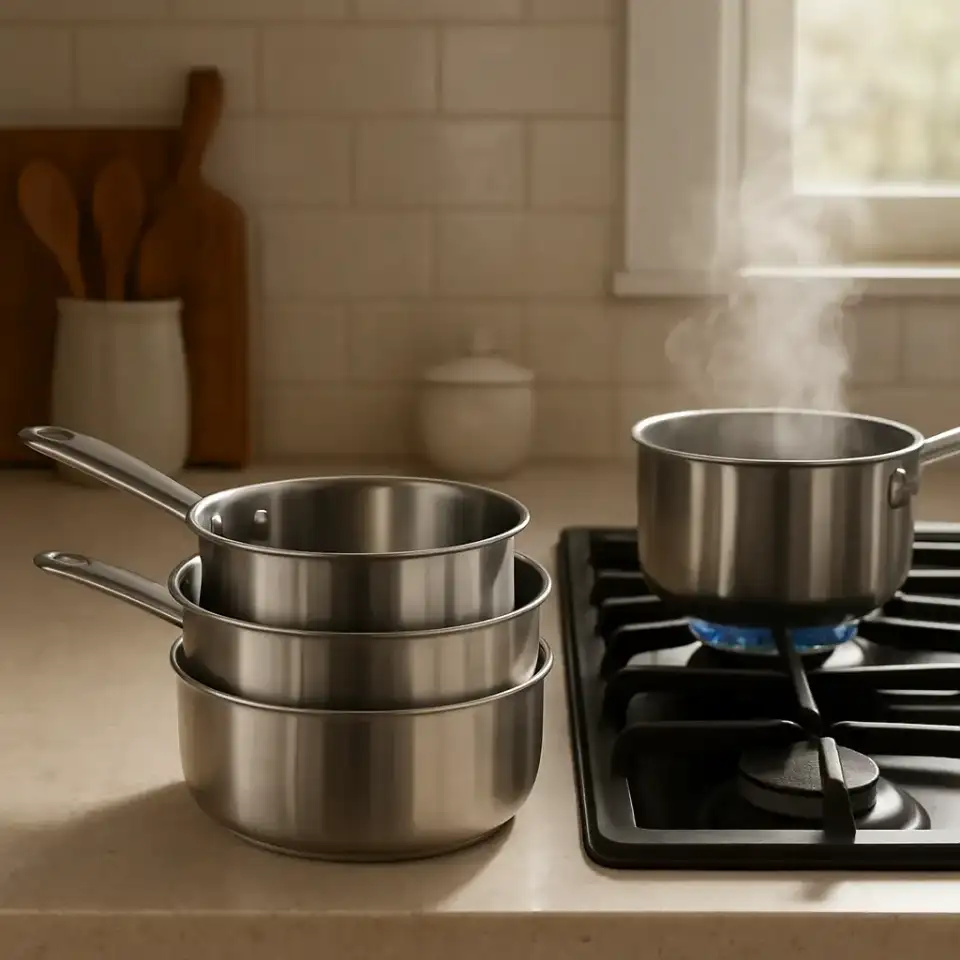AI-generated editorial product photograph (not the exact linked listing) of stainless steel saucepan set