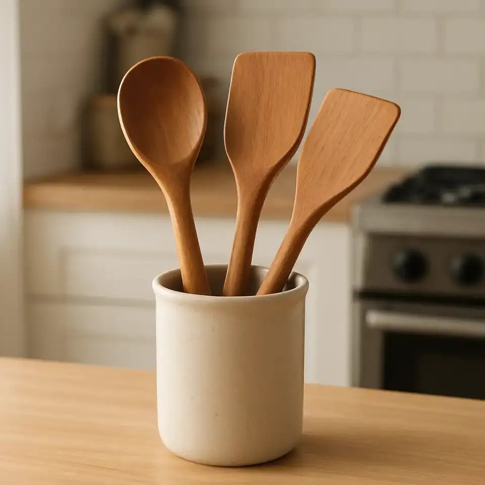 AI-generated editorial product photograph (not the exact linked listing) of wooden utensil gift set